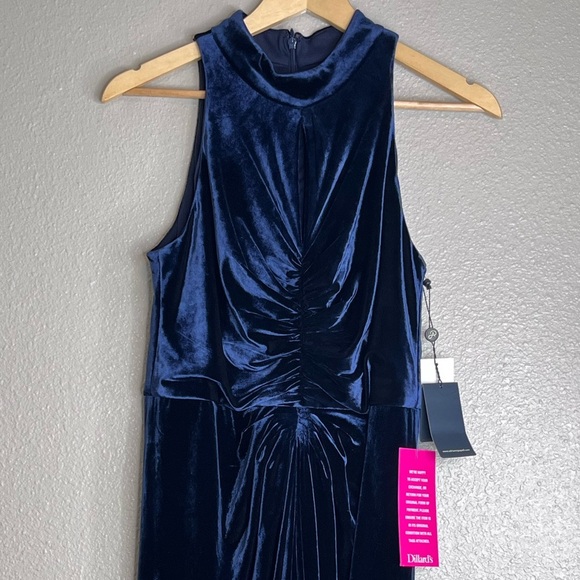 NWT Adrianna Papell Velvet Stretch Sheath Twist Front Halter High Low Hem Gown - Picture 11 of 16